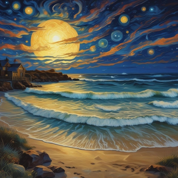 Seaglasscoaztallemonades.com Other - Starry Night Wavy Beach Print Art 8x10